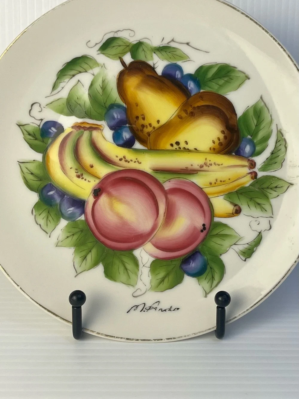 Vintage Signed M. Ando Plate 7 1/4 in Diam. Hand Painted Fruit Ware MCM Dining